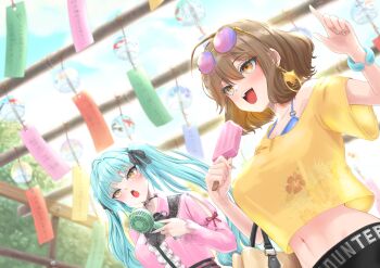 2girls :d :o absurdres ahoge alternate_costume anis_(nikke) aqua_hair aqua_nails arm_cutout aviator_sunglasses black_choker black_ribbon black_shorts blue_sky blush breasts brown_eyes brown_hair brown_nails casual center_frills choker clothing_cutout cloud collarbone commentary_request cowboy_shot crop_top crop_top_overhang day dutch_angle earrings eyewear_on_head food frills goddess_of_victory:_nikke hair_between_eyes hair_ribbon hand_fan handheld_electric_fan highres holding holding_fan holding_food holding_popsicle jewelry large_breasts long_hair long_sleeves looking_up medium_hair midriff multicolored_nails multiple_girls navel off_shoulder open_mouth outdoors pink-tinted_eyewear pink_shirt pointing popsicle privaty_(nikke) ribbon rilyriri shirt short_sleeves shorts sidelocks single_bare_shoulder sky smile standing sunglasses tinted_eyewear twintails very_long_hair wind_chime yellow_eyes yellow_shirt