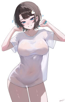 Rule 34 | 1girl, absurdres, alternate costume, aqua eyes, blue nails, breasts, brown hair, commentary request, duck hair ornament, grin, hair ornament, hairclip, hands up, highres, hololive, kkato, large breasts, looking at viewer, nail polish, naked shirt, oozora subaru, see-through silhouette, shirt, short hair, simple background, smile, solo, subaru duck, swept bangs, t-shirt, twitter cutting game, virtual youtuber, white background