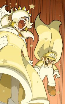 1boy 1girl blonde_hair cape cape_mario crown dragon_ball dragon_ball_super dress earrings facial_hair hat highres jewelry m_m_product mario mario_(series) mustache nintendo power-up red_eyes rosalina star_(symbol) star_earrings star_wand transformation wand yellow_dress