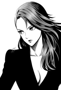 1girl absurdres asymmetrical_bangs breasts closed_mouth collarbone commentary commission crosshatching determined english_commentary eyelashes greyscale hair_over_shoulder hatching_(texture) highres jacket linear_hatching lips long_hair looking_to_the_side medium_breasts monochrome mostlybluewyatt niijima_sae persona persona_5 pixiv_commission signature simple_background solo upper_body v-neck v-shaped_eyebrows white_background