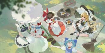 Rule 34 | 5girls, absurdres, apron, ascot, bat wings, black hat, black shoes, black skirt, black vest, blonde hair, blue bow, blue dress, blue hair, book, bow, bowtie, braid, brooch, broom, brown eyes, brown hair, chabudai, chinese commentary, cirno, commentary request, cookie, cup, day, detached sleeves, detached wings, dress, drinking glass, eating, food, frilled bow, frilled hair tubes, frilled skirt, frills, geta, green bow, green tea, grey hair, hair bow, hair tubes, hakurei reimu, hat, hat bow, highres, holding, holding cup, holding food, holding plate, holding popsicle, holding umbrella, ice, ice wings, izayoi sakuya, jewelry, kenkxx, kirisame marisa, long hair, lying, maid, mary janes, mob cap, multiple girls, on back, one eye closed, outdoors, parasol, picnic, picnic blanket, pinafore dress, plate, popsicle, puffy short sleeves, puffy sleeves, red ascot, red bow, red bowtie, red skirt, remilia scarlet, ribbon-trimmed skirt, ribbon-trimmed sleeves, ribbon trim, sandals, shirt, shoes, short sleeves, side braid, single braid, sitting, skirt, skirt set, sleeveless, sleeveless dress, socks, table, tea, teacup, teapot, touhou, twin braids, umbrella, unworn sandals, very long hair, vest, waist apron, white apron, white bow, white hat, white shirt, white skirt, white socks, white umbrella, wings, witch hat, wrist cuffs, x x, yellow ascot, yellow eyes