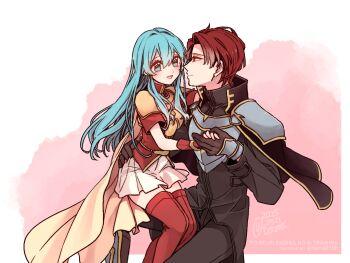 Rule 34 | 1boy, 1girl, 2025, aqua eyes, aqua hair, arm around another's waist, armor, black capelet, black pants, black shirt, boots, breastplate, breasts, brown gloves, cape, capelet, closed mouth, commentary request, cowboy shot, eirika (fire emblem), face-to-face, fingerless gloves, fire emblem, fire emblem: the sacred stones, gloves, grey armor, happy, hetero, holding hands, knee up, long hair, long sleeves, looking at another, nintendo, open mouth, pants, parted bangs, pink background, red boots, red eyes, red gloves, red hair, red shirt, sayu030b, seth (fire emblem), shirt, short hair, short sleeves, shoulder armor, sitting, sitting on person, skirt, small breasts, thigh boots, thighhighs, two-tone background, watermark, white background, white skirt, yellow armor, yellow cape, zettai ryouiki