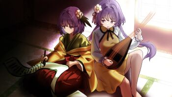 2girls absurdres burukyu commission dress green_kimono hieda_no_akyuu highres holding holding_instrument indoors instrument japanese_clothes kimono low_twintails multiple_girls purple_eyes purple_hair red_skirt skirt touhou tsukumo_benben twintails writing yellow_dress yellow_kimono