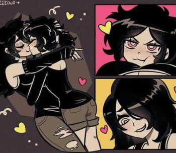 ashley_graves breast_press hug julia_(the_coffin_of_andy_and_leyley) kiss leyley lowres non-web_source pink_eyes the_coffin_of_andy_and_leyley yellow_eyes yuri