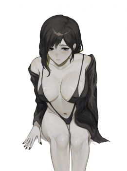 binah_(project_moon) black_eyes black_hair black_slingshot_swimsuit breasts earrings expressionless feet_out_of_frame jacket jewelry library_of_ruina lobotomy_corporation mei_mezu mole mole_under_eye multicolored_hair nail_polish navel non-web_source off_shoulder pale_skin project_moon simple_background single_earring slingshot_swimsuit source_request swimsuit thighs white_background