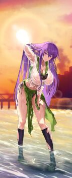 1girl beach blush breasts busujima_saeko cleavage collarbone full_body green_skirt highres highschool_of_the_dead kneehighs large_breasts long_hair long_sleeves looking_at_viewer navel ocean open_clothes outdoors panties purple_eyes purple_hair ribbon school_uniform shirt side-tie_panties skirt sky smile socks solo standing sunset torn_clothes torn_shirt torn_skirt underwear very_long_hair water wet wet_clothes wet_shirt white_shirt
