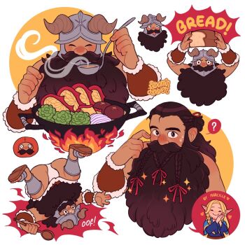 1boy :p animal_costume beard beard_ribbon bloominflowers blush braid braided_beard bread bulge collage cooking cropped_torso derivative_work dungeon_meshi dwarf facial_hair fake_horns food frog_costume full_body helmet holding holding_ladle horned_helmet horns ladle loaf_of_bread long_beard male_focus multiple_views mustache screenshot_redraw senshi_(dungeon_meshi) shy sparkle sparkling_aura tasting thick_mustache tongue tongue_out top-down_bottom-up very_long_beard wok