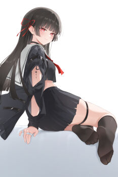 1girl absurdres arms_up black_choker black_jacket black_pantyhose black_shirt black_skirt breasts chisa_(wuthering_waves) choker closed_mouth commentary crop_top eryuhe feet hair_ribbon highres jacket long_sleeves looking_at_viewer looking_back medium_breasts mole mole_under_eye navel neckerchief pantyhose red_eyes red_neckerchief red_ribbon ribbon sailor_collar shirt simple_background sitting skirt smile soles solo stomach tacet_mark_(wuthering_waves) toes white_background white_sailor_collar wuthering_waves