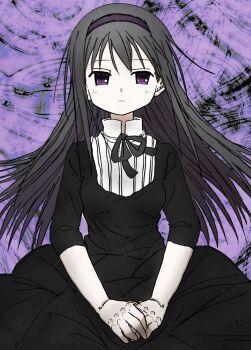 1girl abstract_background akemi_homura akemi_homura_(black_dress) black_dress black_hair black_ribbon dress expressionless funeral_dress hairband highres long_hair looking_at_viewer mahou_shoujo_madoka_magica mahou_shoujo_madoka_magica:_hangyaku_no_monogatari neck_ribbon purple_background purple_eyes purple_hairband ribbon shiki_mori_(sh1k1_illust) shirt solo v_arms white_shirt