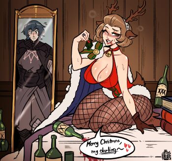 absurdres alcohol christmas drunk fire_emblem fire_emblem:_three_houses highres male_byleth_(fire_emblem) manuela_casagranda manuela_casagranda_(winter) mirror mistletoe nintendo scruffyturtles source_request tagme