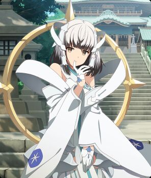 Rule 34 | 1girl, architecture, black hair, brown eyes, closed mouth, colored tips, cosplay, cowboy shot, day, detached sleeves, dot nose, east asian architecture, game cg, gloves, grey hair, hair ornament, hand up, looking at viewer, magical girl, mankai, multicolored hair, official art, outdoors, satsuki yomi, short hair, shrine, sleeveless, solo, stairs, stone lantern, stone stairs, third-party source, toji no miko, toji no miko: kizamishi issen no tomoshibi, tougou mimori, tougou mimori (cosplay), tree, white gloves, white sleeves, yuuki yuuna wa yuusha de aru, yuusha de aru