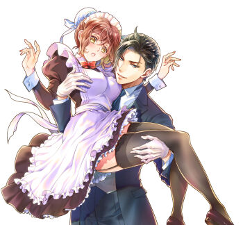 1boy 1girl ashika_nozomu black_dress black_necktie black_pants black_thighhighs breasts brown_eyes brown_hair bun_cover butler carrying dress formal_clothes garter_straps gloves hetero highres holding_person juliet_sleeves long_sleeves maid maid_headdress medium_breasts necktie original pants princess_carry puffy_sleeves simple_background smile suit thighhighs white_background white_gloves