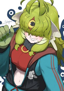 Rule 34 | 1girl, animal ears, breasts, claws, commentary request, extra ears, green hair, hair over eyes, highres, hood, hoodie, john (a2556349), kemono friends, kemono friends 3, large breasts, long hair, looking at viewer, navel, sanmoto gorozaemon (kemono friends), scarf, sharp teeth, shirt, simple background, solo, teeth, upper body, yellow eyes