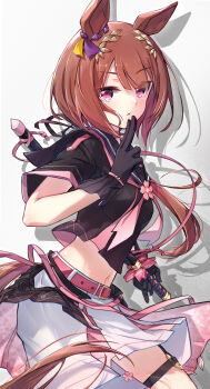 1girl absurdres adapted_costume animal_ears belt black_gloves black_sailor_collar black_shirt brown_hair commentary_request dated drop_shadow flower_in_eye gloves highres holding holding_sword holding_weapon horse_ears horse_girl horse_tail long_hair looking_at_viewer midriff navel neckerchief parted_lips pink_belt pink_eyes pink_neckerchief sailor_collar sakura_laurel_(umamusume) sarasuty shirt short_sleeves skirt solo sword symbol_in_eye tail thigh_strap umamusume weapon white_skirt