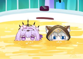 2girls animal_ears bath bathtub blue_eyes blush bubble castorice_(honkai:_star_rail) cat_ears cat_girl cipher_(honkai:_star_rail) cloudnekonn commentary english_commentary flower grey_hair hair_flower hair_ornament highres honkai:_star_rail honkai_(series) hood hoodie looking_at_viewer multiple_girls pink_hair pointy_ears purple_eyes