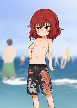 1girl absurdres animal_print beach bikini black_male_swimwear black_swim_trunks blue_sky blurry blurry_background blush breasts closed_mouth day drawstring fish_print flat_chest grey_eyes highres idolmaster idolmaster_cinderella_girls loli luke_(b10a3123m) male_swimwear male_swimwear_challenge multicolored_male_swimwear multicolored_swim_trunks multiple_boys multiple_girls murakami_tomoe ocean outdoors print_male_swimwear print_swim_trunks print_swimsuit red_bikini red_hair sky source_request standing swim_trunks swimsuit topless_female water wet wet_clothes wet_hair
