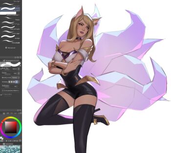 1girl ahri_(league_of_legends) animal_ears bare_shoulders black_thighhighs blonde_hair bracelet breasts choker cleavage earrings facial_mark fox_ears fox_tail high_heels jewelry k/da_(league_of_legends) k/da_ahri large_breasts league_of_legends long_hair looking_to_the_side smile solo tail thighhighs unfinished wenzuki whisker_markings yellow_eyes