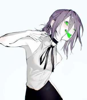 1girl black_choker black_ribbon black_shorts chainsaw_man choker colored_tongue green_eyes green_tongue grenade_pin grey_background hair_between_eyes hair_bun looking_at_viewer medium_hair nat._e_(pixiv_69681841) neck_ribbon purple_hair reze_(chainsaw_man) ribbon shirt shirt_tucked_in shorts simple_background sleeveless sleeveless_shirt solo tongue tongue_out white_shirt