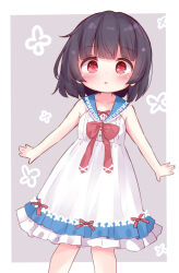 Rule 34 | 1girl, :o, bare arms, bare legs, black hair, blue sailor collar, blush, border, bow, buttons, commentary request, double-parted bangs, dress, flower in eye, frilled dress, frills, grey background, looking at viewer, medium hair, miria (mamamamave), original, outside border, outstretched arms, parted lips, red bow, red eyes, red ribbon, ribbon, sailor collar, sleeveless, sleeveless dress, solo, standing, symbol in eye, white border, white dress