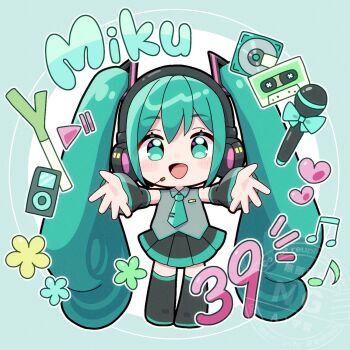 Rule 34 | 1girl, aqua eyes, aqua hair, aqua necktie, bare shoulders, black boots, black skirt, black sleeves, blue bow, blue flower, blush, blush stickers, boots, bow, cd, character name, chibi mera, collared shirt, commentary request, deformed, detached sleeves, english text, facing viewer, flower, green background, green flower, grey shirt, hair between eyes, hair ornament, hairclip, hatsune miku, headphones, heart, highres, long hair, looking at viewer, microphone, miniskirt, musical note, necktie, open mouth, outstretched arms, shirt, sidelocks, skirt, sleeveless, sleeveless shirt, smile, solo, spring onion, straight-on, striped background, striped clothes, striped shirt, striped skirt, striped sleeves, thigh boots, thighhighs, twintails, two-tone background, vertical-striped clothes, vertical-striped shirt, very long hair, videocassette, vocaloid, white background, yellow flower, zettai ryouiki