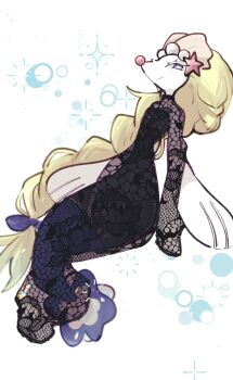 1girl alternate_color animal_hands bad_tag black_dress blonde_hair blue_bow blue_eyes bow braid closed_mouth clothed_pokemon colored_eyelashes dress full_body furry furry_female gem gen_7_pokemon hair_bow hair_ornament highres lace_dress long_hair looking_at_viewer mermaid monster_girl nintendo pearl_(gemstone) pearl_hair_ornament pokemon pokemon_(creature) primarina sea_lion shiny_pokemon simple_background single_braid smile snout solo sstoh standing starfish_hair_ornament white_background