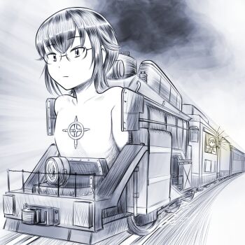 2girls ai-generated_art_(topic) akimotsu_(akim_x) commentary_request expressionless glasses greyscale hair_flaps itou_hikari komiyama_kotomi mechanization monochrome multiple_girls short_hair train train_conductor twintails watashi_ga_motenai_no_wa_dou_kangaetemo_omaera_ga_warui!