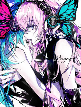 2girls aqua_nails black_dress black_gloves black_lace_trim blue_eyes blue_hair bug butterfly dress elbow_gloves expressionless fingerless_gloves gloves hair_between_eyes hanaseto hand_on_another&#039;s_back hand_on_another&#039;s_neck hatsune_miku headphones headset highres hug insect lace_trim long_hair magnet_(vocaloid) megurine_luka multiple_girls open_mouth pale_skin pink_hair pink_nails sidelocks song_name strapless strapless_dress vocaloid white_background yuri