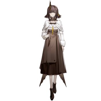 1girl ankle_boots arknights bird_girl boots brown_boots brown_eyes brown_hair brown_skirt capelet full_body head_wings high-waist_skirt long_skirt long_sleeves looking_at_viewer official_art shirt short_hair simple_background single_head_wing skirt solo standing tachi-e third-party_source transparent_background white_capelet white_shirt wings