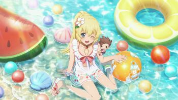Rule 34 | 1girl, artist request, ball, beachball, blonde hair, blue eyes, blush, breasts, chest jewel, colette brunel, commentary, day, english commentary, flower, from above, full body, game cg, gem, hair flower, hair ornament, hand on ground, highres, in water, innertube, jewelry, lloyd irving, long hair, looking at viewer, ocean, official alternate costume, official art, one eye closed, open mouth, outdoors, pink sandals, ponytail, red gem, sand, sandals, shallow water, sitting, smile, solo, swim ring, swimsuit, tales of (series), tales of crestoria, tales of symphonia, third-party source, wariza, water