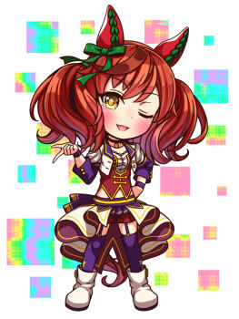 1girl animal_ears blush bodice boots bow breasts brown_eyes brown_hair chibi chibi_only choker collarbone commentary_request corset cropped_jacket ear_bow ear_covers ear_ribbon full_body garter_straps green_bow highres horse_ears horse_girl horse_tail jacket long_sleeves looking_at_viewer medium_hair midriff_peek multicolored_hair navel nice_nature_(umamusume) one_eye_closed open_mouth overskirt pendant_choker purple_choker purple_garter_straps purple_thighhighs red_corset red_shorts shirt shorts smile solo star_(symbol) starting_future_(umamusume) streaked_hair sugimotty_nova tail thighhighs twintails umamusume umapyoi_densetsu white_boots white_jacket white_shirt wristband
