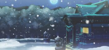 architecture box donation_box east_asian_architecture game_cg hakurei_shrine komainu night no_humans non-web_source official_art outdoors rope scenery shide shimenawa shrine sky snow snowing stairs touhou touhou_gensou_eclipse tree