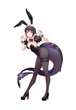 1girl absurdres alternate_costume animal_ear_hairband animal_ears black_hair black_leotard black_pantyhose black_shoes blush breasts claw_pose closed_mouth colored_inner_hair commentary covered_navel detached_collar detached_sleeves ellen_joe english_commentary fake_animal_ears fins fish_tail frilled_wristband full_body hairband highres large_breasts leotard looking_at_viewer maid_headdress mole mole_under_eye multicolored_hair pantyhose playboy_bunny puffy_sleeves rabbit_ear_hairband rabbit_ears razor_blade_hair_ornament red_eyes red_nails ryeobi scar scar_on_tail shark_girl shark_tail shoes short_hair short_sleeves simple_background solo strapless strapless_leotard tail white_background zenless_zone_zero