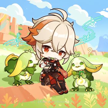 1boy absurdres alalen chibi genshin_impact hair_between_eyes highres holding holding_leaf kaedehara_kazuha leaf long_hair male_focus multicolored_hair ponytail red_eyes red_hair solo streaked_hair white_hair yumkasaurus_(genshin_impact)