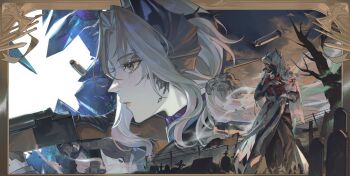 Rule 34 | 1boy, 1girl, absurdres, bare tree, black coat, black pants, broken glass, casing ejection, charon (reverse:1999), coat, dog tags, feet out of frame, flower, from side, glass, gloves, grave, graveyard, grey eyes, grey hair, grey sky, gun, hair ornament, hand up, highres, holding, holding dog tags, holding gun, holding notebook, holding weapon, long hair, low ponytail, nem, notebook, object head, pants, ponytail, poppy (flower), portrait, profile, reverse:1999, rifle, sentinel (reverse:1999), shell casing, sky, tombstone, tree, veil, weapon, white gloves, white veil