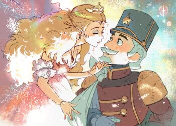 1boy 1girl armor ballerina barbie_(character) barbie_(franchise) barbie_in_the_nutcracker bare_shoulders beard blonde_hair blue_eyes blush bracelet breasts brown_hair cape caption christmas clara_(barbie) cleavage corset costume couple crown curly_hair dancer dress droplixle earrings eye_contact facial_hair frilled_sleeves frills from_side glitter gloves hair_ornament hair_ribbon hat highres imminent_kiss jewelry eric_(barbie_in_the_nutcracker) long_hair looking_at_another military military_uniform mustache necklace nutcracker open_mouth pale_color pale_skin peaked_cap pink_dress pink_lips princess ribbon ringlets shako_cap short_hair sleeveless sleeveless_dress smile sparkle tiara