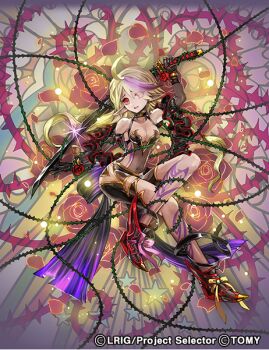 1girl ahoge body_markings character_request copyright_notice gloves green_leotard grey_hair hair_over_one_eye holding holding_whip leotard looking_at_viewer moreshan official_art open_mouth red_eyes red_gloves red_shoes see-through_clothes see-through_leotard shoes smile solo thorns wixoss