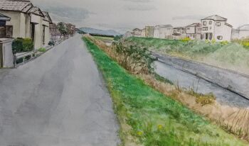 building canal day grass harusa1107 highres house no_humans original painting_(medium) road town traditional_media water watercolor_(medium) window