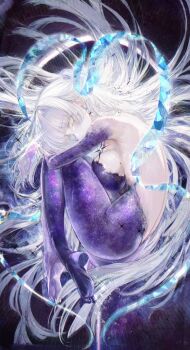 1girl absurdres ass backless_bodysuit bodysuit breasts glowing glowing_eyes goddess_of_victory:_nikke highres mole mole_on_breast multicolored_bodysuit nayuta_(nikke) nayuta_(wu_wei)_(nikke) official_alternate_costume renoahh solo space_skin thick_eyelashes unusually_open_eyes white_hair