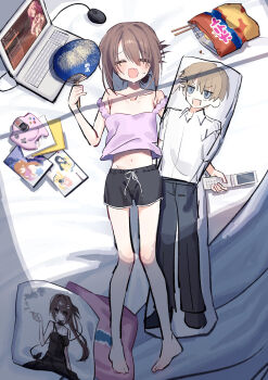 1girl absurdres bag_of_chips barefoot black_shorts blush brown_hair cellphone character_pillow chips_(food) closed_eyes commentary_request computer dakimakura_(object) double_strap_slip dreamcast_controller eshiko facing_viewer fang flat_chest flip_phone food from_above hand_fan highres holding holding_fan holding_phone hot kimi_to_kanojo_to_kanojo_no_koi. laptop loungewear lying mamiya_takuji midriff minakami_yuki mukou_aoi_(totono) ogiso_setsuna on_back on_bed open_mouth paper_fan phone pillow pink_tank_top potato_chips sayonara_wo_oshiete shadow short_hair short_shorts shorts skin_fang solo sone_miyuki subarashiki_hibi sweat tachibana_kimika tank_top touma_kazusa uchiwa ueno_koyori video_game white_album_(series) white_album_2