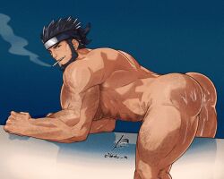 1boy abs absurdres after_anal all_fours alternate_body_hair arm_hair ass ass_hair back bara beard black_hair cheekbones chest_hair cigarette commission completely_nude cum cum_on_ass cum_on_body cumdrip facial_hair feet_out_of_frame forehead_protector from_side hair_slicked_back hairy highres implied_yaoi konohagakure_symbol leg_hair loboke looking_at_viewer male_focus mature_male muscular muscular_male naruto_(series) naruto_shippuuden navel navel_hair nude pectorals presenting sarutobi_asuma second-party_source seductive_smile short_hair signature smile smirk smoke smoke_trail smoking solo stomach strongman_waist thick_eyebrows thick_thighs thighs triceps