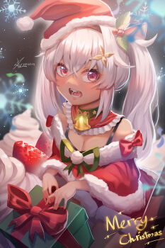 1girl absurdres alternate_costume capelet commentary_request dark-skinned_female dark_skin dreamtokitty dress fangs fur-trimmed_capelet fur-trimmed_dress fur-trimmed_headwear fur_trim gift grey_hair hair_ornament hat highres looking_at_viewer matsukai_mao merry_christmas nijisanji purple_eyes red_capelet red_dress red_hat santa_costume santa_dress santa_hat smile snowflakes snowing solo star_(symbol) star_hair_ornament virtual_youtuber