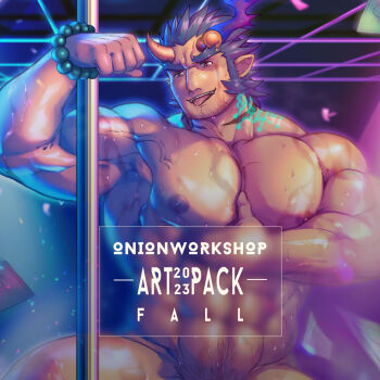 1boy abs bara blue_hair broken_horn completely_nude cowboy_shot dancing dark_blue_hair demon_boy disco_ball facial_hair falling_money fiery_horns glowing_markings goatee_stubble grabbing_own_pectoral highres horns huge_eyebrows jockstrap large_pectorals light_blush long_sideburns male_focus male_underwear mature_male mouth_hold muscular muscular_male mutton_chops navel necklace_in_mouth nipples nude obliques onionworkshop out-of-frame_censoring paid_reward_available pectorals pole scar scar_on_neck seductive_smile see-through_clothes shiny_skin short_hair sideburns smile solo sparse_navel_hair spotlight stomach stripper stripper_pole strongman_waist stubble sweat takemaru_(housamo) thick_eyebrows thick_thighs thighs tokyo_houkago_summoners tongue tongue_out underwear very_sweaty wet wet_clothes