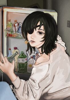 1girl aegyo_sal alcohol alternate_costume artist_name beer beer_bottle bottle chainsaw_man cigarette commentary english_commentary eyepatch food green_eyes green_hair highres himeno_(chainsaw_man) holding holding_bottle looking_at_viewer photo-referenced refrigerator short_hair smoking solo sweater tagme white_sweater y_m3r