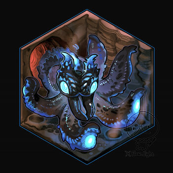 Rule 34 | animal focus, blue eyes, cave, flaw eight, glowing tentacles, indoors, looking at viewer, monster hunter (series), monster hunter wilds, no humans, nu udra, octopus, tentacles