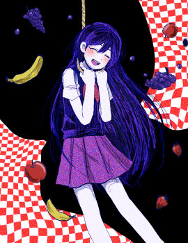 1girl :d ^_^ apple banana bare_arms bare_legs black_background blush checkered_background chutaro_gonzade closed_eyes collared_shirt commentary double-parted_bangs english_commentary feet_out_of_frame film_grain flat_chest food fruit grapes hair_behind_ear hair_between_eyes hands_up hatching_(texture) highres long_hair mari_(headspace)_(omori) mari_(omori) miniskirt neckerchief noose omocat_(style) omori open_mouth pleated_skirt purple_hair purple_skirt purple_sweater_vest red_background red_neckerchief rope shirt short_sleeves simple_background skirt smile solo standing straight_hair strawberry sweater_vest teeth tongue upper_teeth_only very_long_hair white_background white_shirt