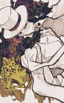 1boy alternate_form closed_mouth coat coat_on_shoulders commentary_request dated facial_hair goatee hat highres jacket jaguar_boy long_hair looking_at_viewer multiple_views one_piece rob_lucci tagawa_jiro tusks