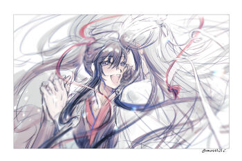 2boys ahoge bishounen black_hair black_hanfu blurry blurry_foreground blush border chinese_clothes commentary_request couple eyelashes floating_hair hair_ornament hair_ribbon hanfu headband highres holding_hands interlocked_fingers ktxxok lan_wangji long_hair long_sleeves looking_at_another male_focus modao_zushi multiple_boys open_mouth ponytail purple_eyes red_ribbon ribbon robe sidelocks sketch smile tassel tassel_hair_ornament topknot twitter_username upper_body wei_wuxian white_background white_hanfu white_headband yaoi