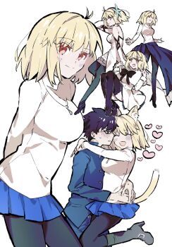 1boy 1girl ahoge animal_ear_fluff animal_ears arcueid_brunestud arcueid_brunestud_(clad_in_glacier) arms_at_sides arms_behind_back ass bare_shoulders black_pantyhose black_ribbon blonde_hair blue_skirt blush boots breasts capelet cat_ears cat_girl cat_tail colored_eyelashes couple dress elbow_gloves floating_clothes floating_hair flower glasses gloves hair_flower hair_intakes hair_ornament high_heels highres hug jewelry leaning_forward miniskirt necklace numuhe official_alternate_costume pantyhose purple_skirt red_arcueid red_eyes ribbon school_uniform short_hair side_slit skirt smile souya_high_school_uniform sweat tail thigh_boots tohno_shiki tsukihime tsukihime_(remake) white_dress