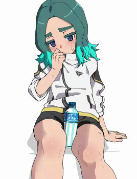 1boy adjusting_collar aqua_hair between_legs black_shorts blue_eyes blush bottle commentary_request feet_out_of_frame inazuma_eleven_(series) inazuma_eleven_victory_road jacket looking_at_viewer male_focus sasanami_unmei short_shorts shorts sitting solo sports_drink sweat white_background white_jacket yoruhachi