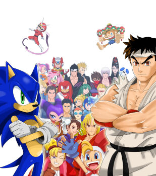 6+boys 6+girls amigo amy_rose bandana bandana_over_mouth bayonetta bayonetta_(series) beat_(jsr) belt billy_hatcher billy_hatcher_and_the_giant_egg black_belt black_hair blonde_hair blue_eyes blue_fur brown_eyes brown_hair capcom captain_commando captain_commando_(character) chu_chu_rocket chun-li crossed_arms crossover dante_(devil_may_cry) devil_may_cry_(series) edward_fokker fingerless_gloves gloves green_eyes helmet highres ichimonji_batsu instrument jacky_bryant jet_set_radio justice_gakuen ken_masters knuckles_the_echidna looking_at_viewer maracas mega_man_(series) mega_man_legends_(series) mega_man_x_(series) morrigan_aensland multiple_boys multiple_girls nights_(character) nights_into_dreams one_eye_closed pink_fur power_stone purple_eyes red_fur ristar roll_(mega_man) ryu_(street_fighter) samba_de_amigo sarah_bryant sega servbot_(mega_man) smile sonic_(series) sonic_the_hedgehog space_channel_5 street_fighter strider_(video_game) strider_hiryuu teeth ulala v-shaped_eyebrows darkstalkers viewtiful_joe viewtiful_joe_(character) virtua_fighter yuki_akira zero_(mega_man)